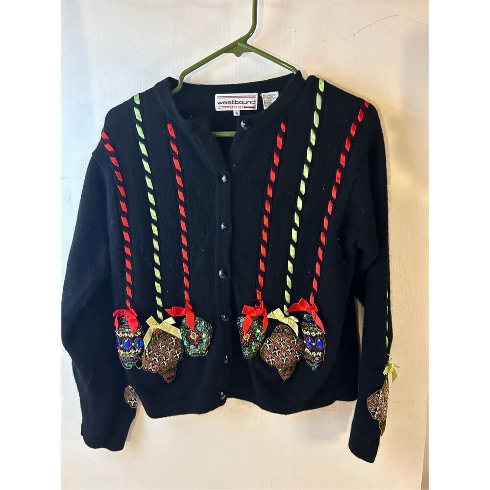 Westbound M petites sweater Christmas black 3D ornaments lambs wool blend rn#589